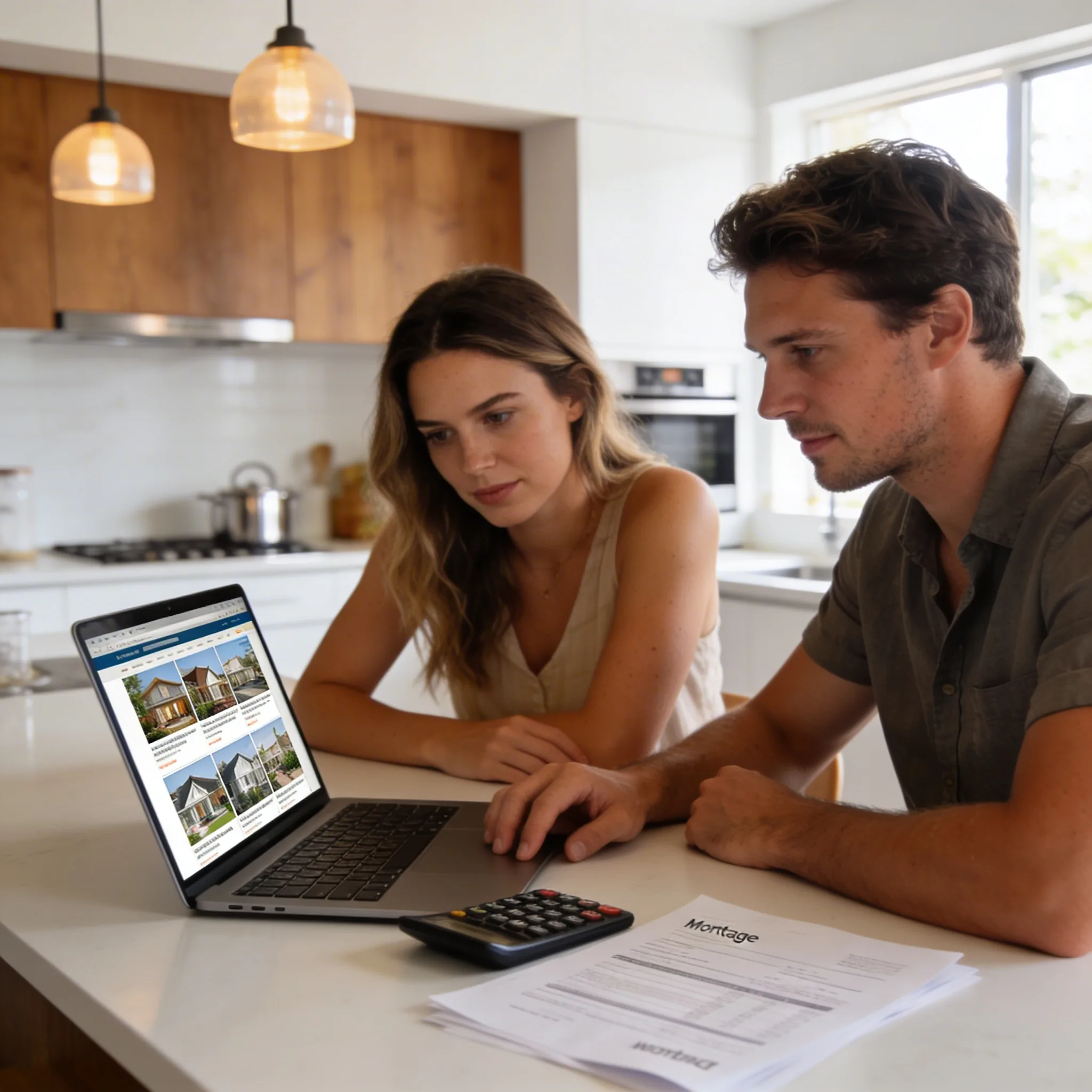 Australian couple calculating their 10 percent home loan deposit