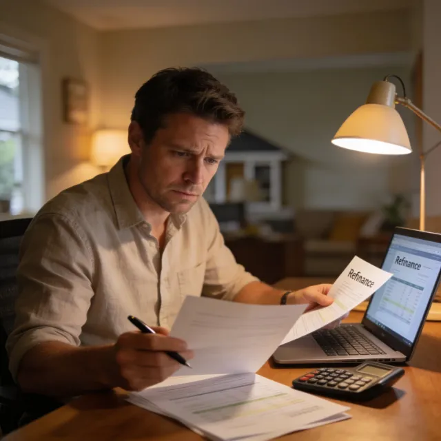 Australian homeowner reviewing refinancing documents and LMI costs