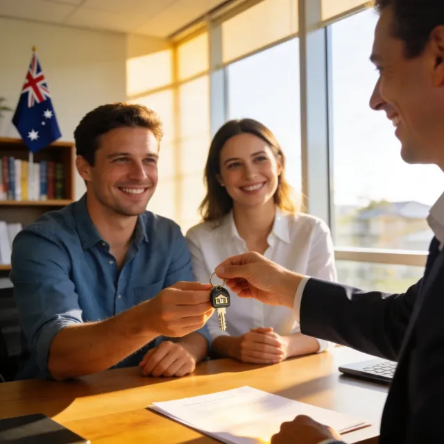 First home buyer couple reviewing the First Home Guarantee scheme eligibility on a laptop