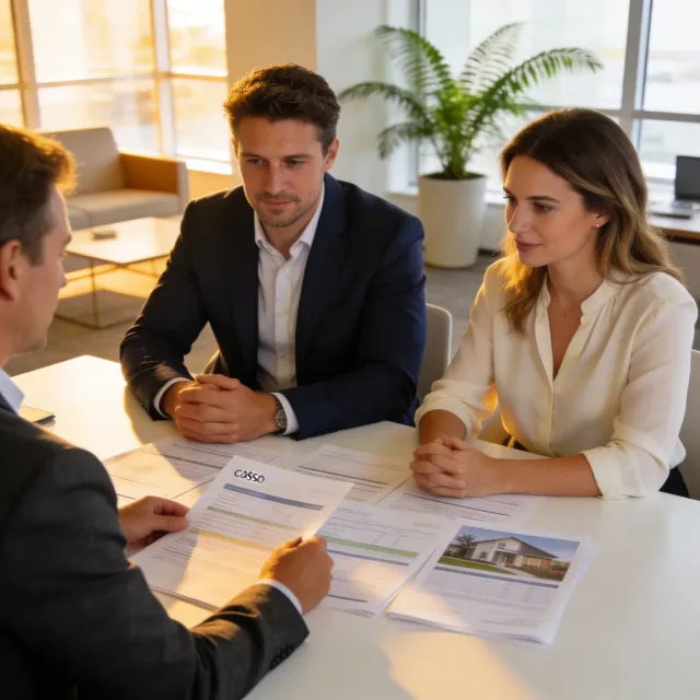 Australian home buyer reviewing LMI avoidance strategies with a mortgage broker