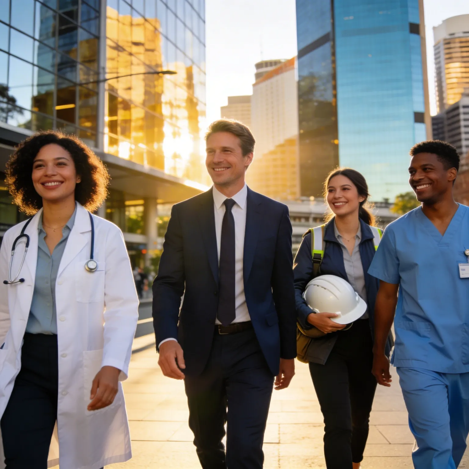 Australian professionals including a doctor, lawyer, engineer and nurse walking through a modern city