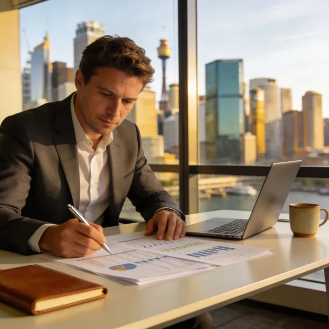 Australian accountant comparing bank LMI waiver options on a laptop